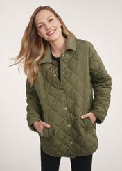 Women's jacket with collar in khaki color KURDT-0596-55(Z25), front view of the product on the model. Half of the silhouette visible.