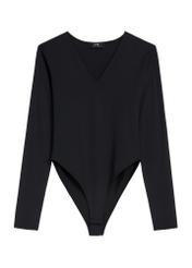 Black women's long-sleeved bodysuit BODYT-0001-99(Z25), front product view on white background.