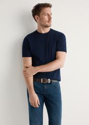 Men's navy blue silk T-shirt TSHMT-0138-7E(W26), front view of the product on the model, half of the silhouette visible.