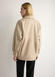 Beige oversize women's leather jacket KURDS-0577-1B(W26) - back view of the product, on a model, against a light background. Knee-length silhouette visible.