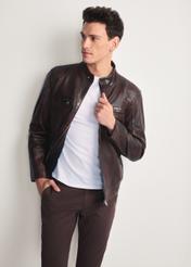 Brown men's leather jacket KURMS-0384-3340(Z25), product view from the front on the model, half of the silhouette visible.