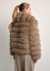 Beige women's fur coat with collar FUTDF-0100-1343(Z25) - back view of the product, against a white background. Knee-length silhouette visible.