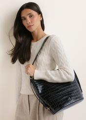 Black leather handbag with a crocodile-effect finish (TORES-1417-9G(Z26)); front view of the product shown on a model's shoulder against a light background.