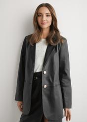 Women's black leather jacket KURDS-0606-99(W26) - front product view, modeled, against a light background. Knee-length silhouette visible.