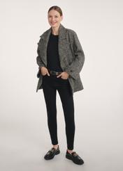 Gray short women's coat PLADT-0062-91(Z25), front view of the product on the model, the whole silhouette is visible.