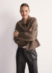 Women's short coat PLADT-0067-82(Z25), front view of the product on the model. Half of the silhouette visible.