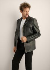 Black vintage men's leather jacket KURMS-0402-9J(Z26). Front view of the product on a model. Half of the silhouette is visible. 