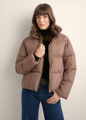 Women's short beige and brown jacket KURDT-0670-1P(Z26), front view of the product on the model. Half of the silhouette visible.