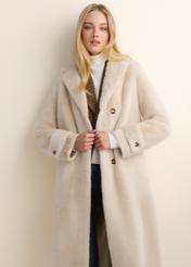 Women's beige long fur coat FUTDP-0080-1B(Z26), front view of the product on the model. Half of the silhouette visible.