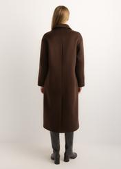 Women's long dark brown wool coat PLADT-0085-1I(Z26), product view from the back on the model. Full body visible.