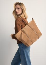 Beige suede women's shopper bag TORES-1248-1B(W26), product view on model's shoulder. Half of silhouette visible.