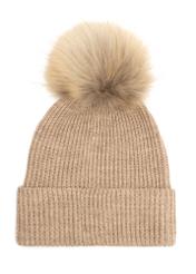Beige women's hat with pompom CZADT-0052A-81(Z25), back view of the product on a white background.