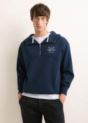 Men's dark navy cotton hoodie (BLZMT-0087-7E(Z26)), front view on a model; half-body shot.