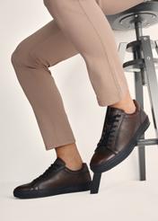 Men's brown leather shoes BUTYM-0519-09(Z25), product view on model's feet against light background.