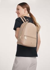 Beige leather women's backpack TORES-0898D-81(Z25), front view of the product on the model, half of the silhouette visible.