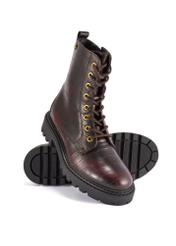 Burgundy women's croco ankle boots BUTYD-1192-4E(Z26), diagonal product view on a white background.