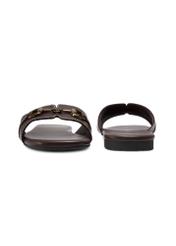 Women's dark brown leather flip-flops BUTYD-1273-1I(W26), front and back view of the product on a white background.