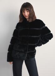 Women's black fur coat with appliqués FUTDP-0067-99(Z25) - front view of the product on a model against a white background. Knee-length silhouette visible.