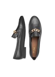 Women's leather black loafers with chain BUTYD-0914A-99(W26), product view from above on white background.
