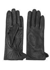 Women's black leather gloves REKDS-0001A-99(Z26), product view from the front and back on a white background.