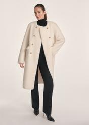 Women's long cream fur coat with scarf FUTDP-0069-12(Z25), front view of the unbuttoned product on the model. Full body visible.