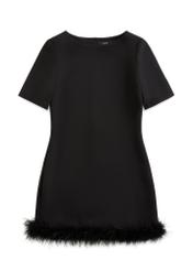 Short black dress with feathers SUKDT-0253-99(Z25), product view from the front on a white background.