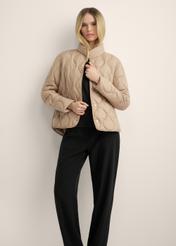 Women's short beige jacket KURDT-0689-1D(Z26), front view of the product on the model. Half of the silhouette visible.-02