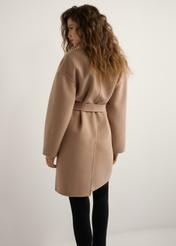 Women's dark beige wool coat PLADT-0075-1C(W26), back view of the product on the model. Half of the silhouette visible.