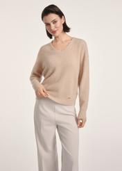 Beige woolen women's sweater SWEDT-0215-81(Z25), front view of the product on the model. Half of the silhouette visible.