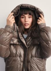 Women's short brown jacket KURDT-0608-82(Z25), product view with hood on a model against a light background.