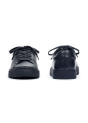 Navy blue leather sports shoes BUTYM-0503A-7D(Z26), front and back product view on white background.