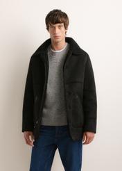 Men's black shearling coat KOZMP-0011-99(Z26), front view on a model. Half-body shot.