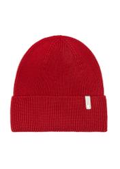 Red women's hat with merino wool CZADT-0178A-42(Z25), product view from the front on a white background.