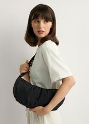 Women's nylon handbag TOREN-0339-99(W26), product view on model's shoulder. Half of silhouette visible.