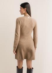 Light beige women's mini dress SUKDT-0296-1J(Z26), product view from the back on the model. Half of the silhouette visible.