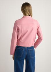 Women's pink leather jacket KURDS-0575-5B(W26), back view of the product on the model. Half of the silhouette visible.