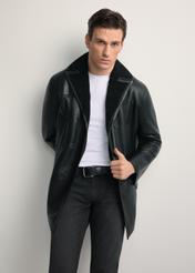 Men's long leather sheepskin coat KOZMS-0024-3189(Z25), front view of the product on the model. Half of the silhouette visible.
