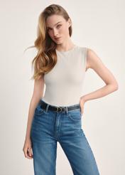 Light beige women's bodysuit BODYT-0002-80(Z25), product visible from the front on the model, half of the silhouette visible.