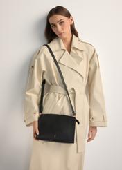 Black leather medium women's handbag TORES-1279-9I(W26), product view on model's shoulder. Half of silhouette visible.