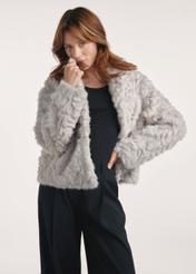 Gray women's fur coat FUTDP-0058-91(Z25), product photo from the front on the model, half of the silhouette visible.