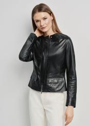 Black leather waisted jacket for women KURDS-0483-5491(W24)-02