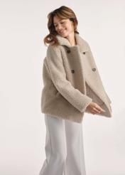 Beige women's fur coat FUTDP-0060-1B(Z26) - front view of the product on the model. Half of the silhouette visible.