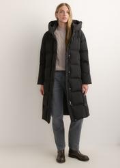 Black women's winter jacket KURDT-0699-99(Z26), front view of the product on a model. Full body visible.