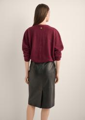 Women's burgundy wool cardigan KARDT-0064-4D(Z26), product view from the back on the model. Half of the silhouette visible.