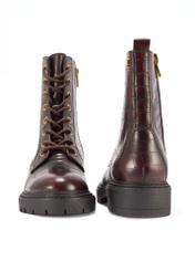 Burgundy women's croco ankle boots BUTYD-1192-4E(Z26), front and back product view on white background.