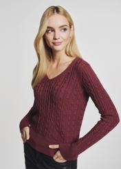 Women's maroon V-neck sweater SWEDT-0148-49(Z21)-01