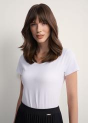 White women's basic T-shirt TSHDT-0111-0A(KS), front view of the product on the model. Half of the silhouette visible.