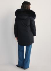 Women's black jacket with natural fox fur KURDT-0594-99(Z25) - back view of the product on a model against a white background. Full body visible.