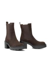 Dark brown suede women's high-heeled ankle boots BUTYD-1094-1I(Z26), diagonal product view on white background.
