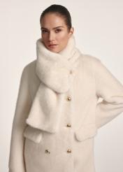 Long cream women's fur coat with scarf FUTDP-0069-12(Z25), close-up of the product detail on the model.